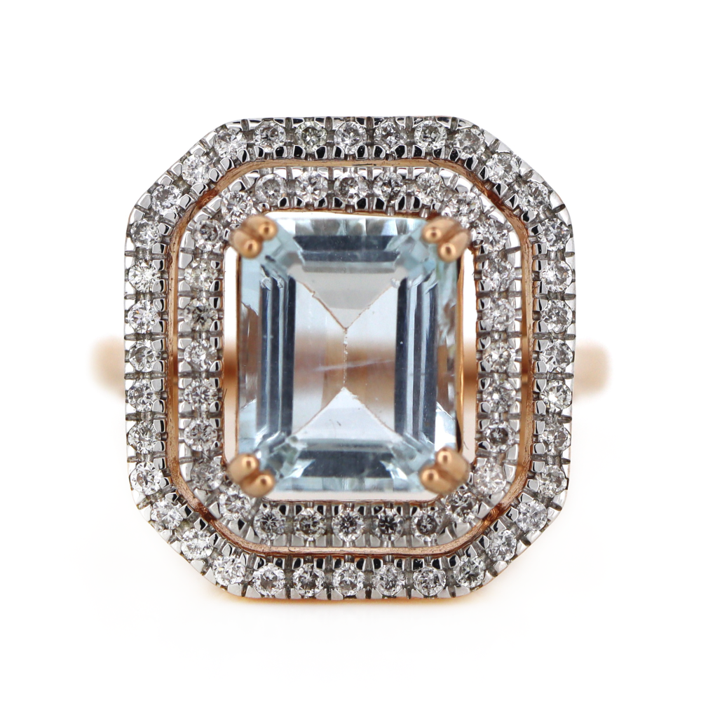 2.64ct Rose Gold Aquamarine and Diamond Double Halo Ring