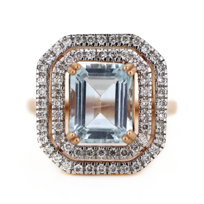 2.64ct Rose Gold Aquamarine and Diamond Double Halo Ring