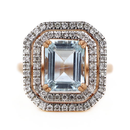 2.64ct Rose Gold Aquamarine and Diamond Double Halo Ring