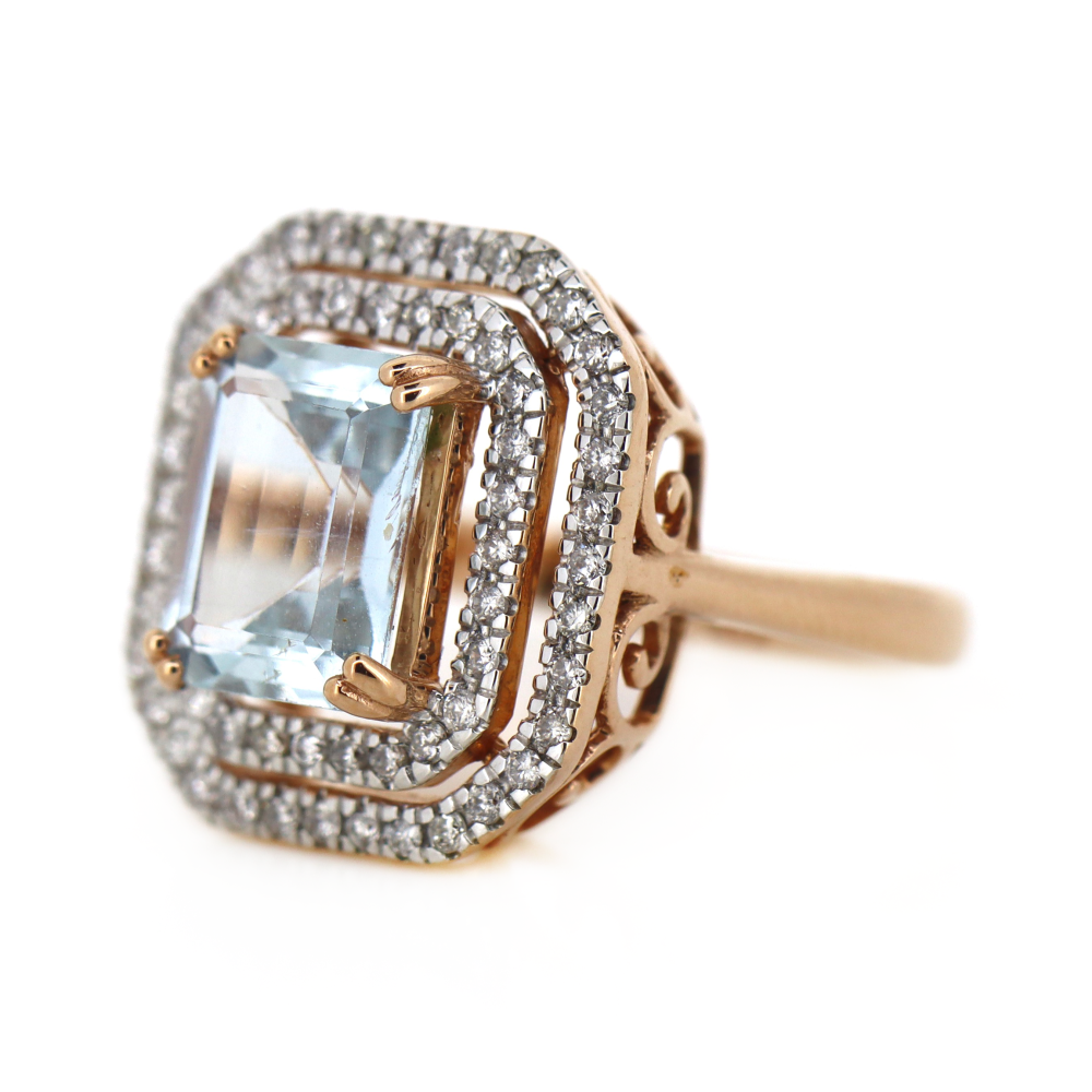 2.64ct Rose Gold Aquamarine and Diamond Double Halo Ring