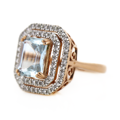 2.64ct Rose Gold Aquamarine and Diamond Double Halo Ring