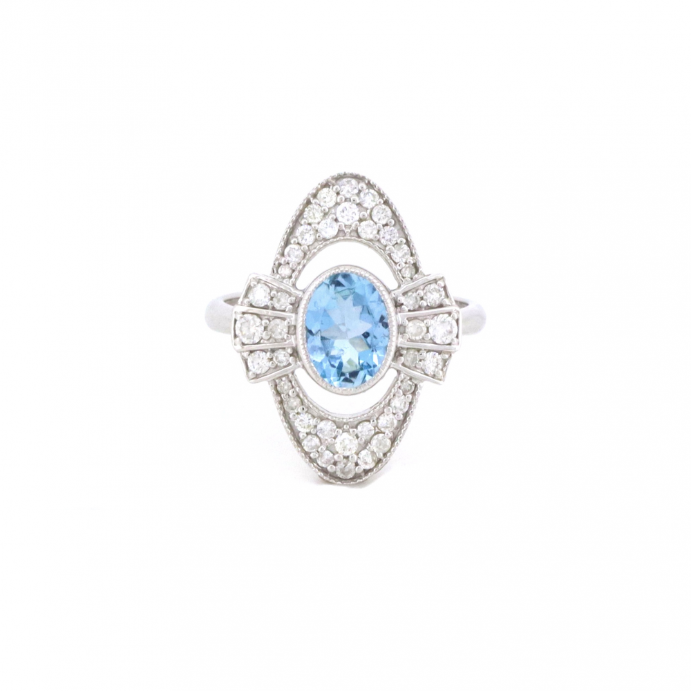 1.58ct White Gold Aquamarine and Diamond Art Deco Inspired Ring