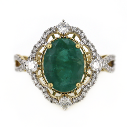 2.64ct TSW Yellow Gold Emerald and Diamond Antique Inspired Ring