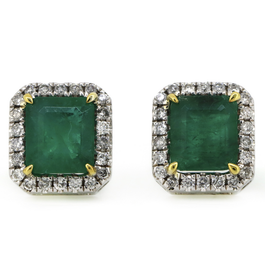White Gold Emerald and Diamond Halo Stud Earrings