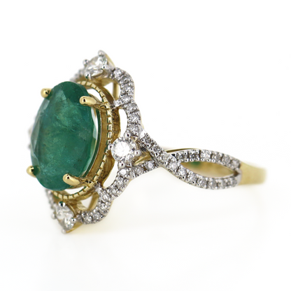 2.64ct TSW Yellow Gold Emerald and Diamond Antique Inspired Ring