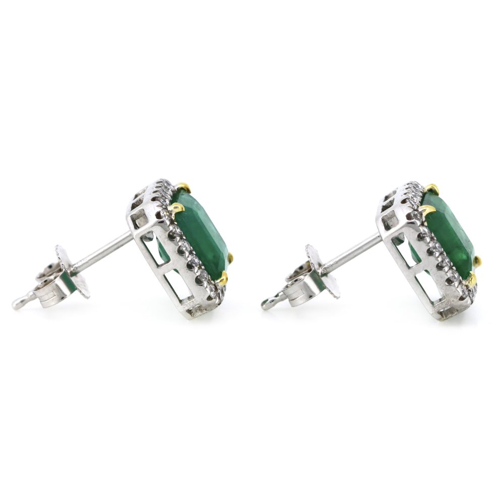 White Gold Emerald and Diamond Halo Stud Earrings
