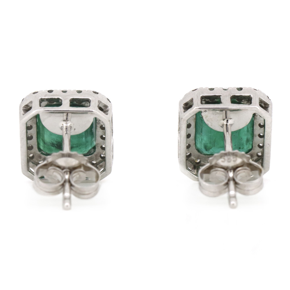 White Gold Emerald and Diamond Halo Stud Earrings