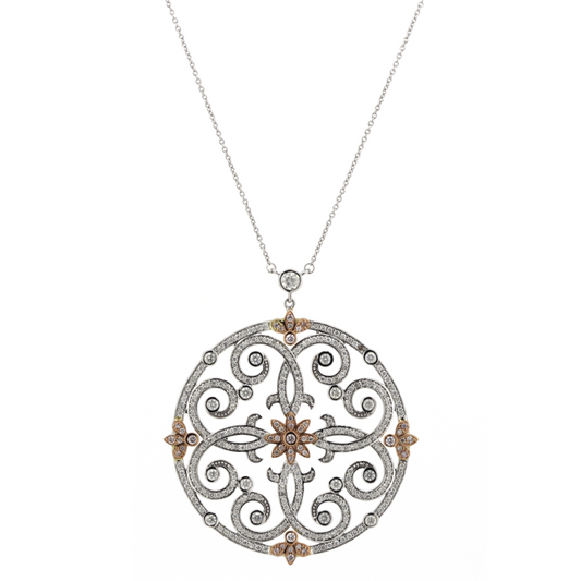 White & Rose Gold Pink and White Diamond Filigree Pendant