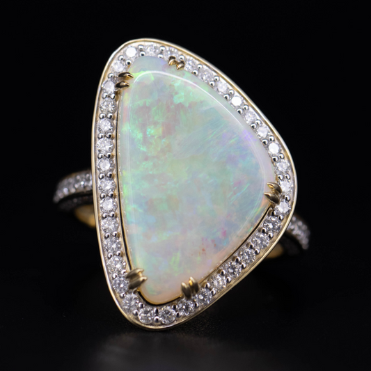 Yellow Gold Andamooka Opal and Diamond Halo Ring