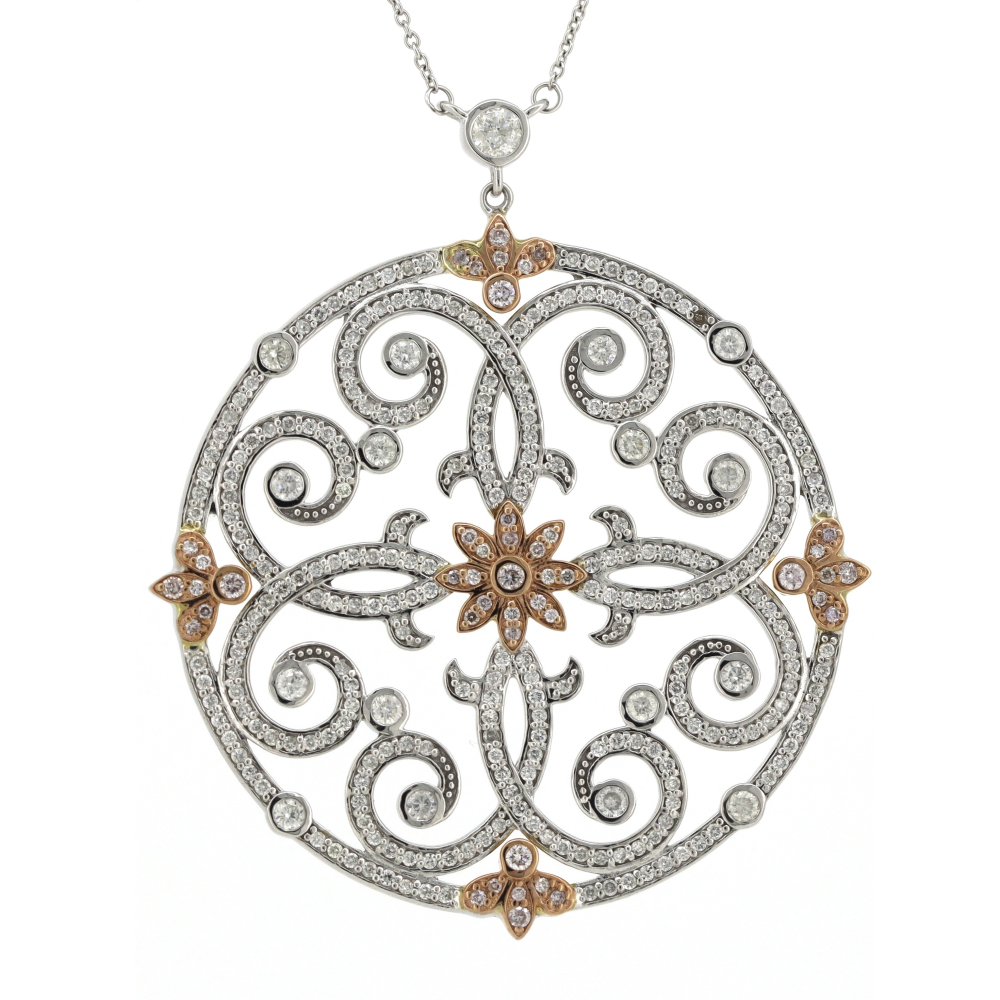 White & Rose Gold Pink and White Diamond Filigree Pendant
