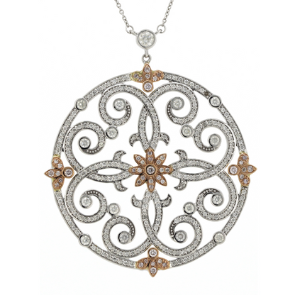 White & Rose Gold Pink and White Diamond Filigree Pendant