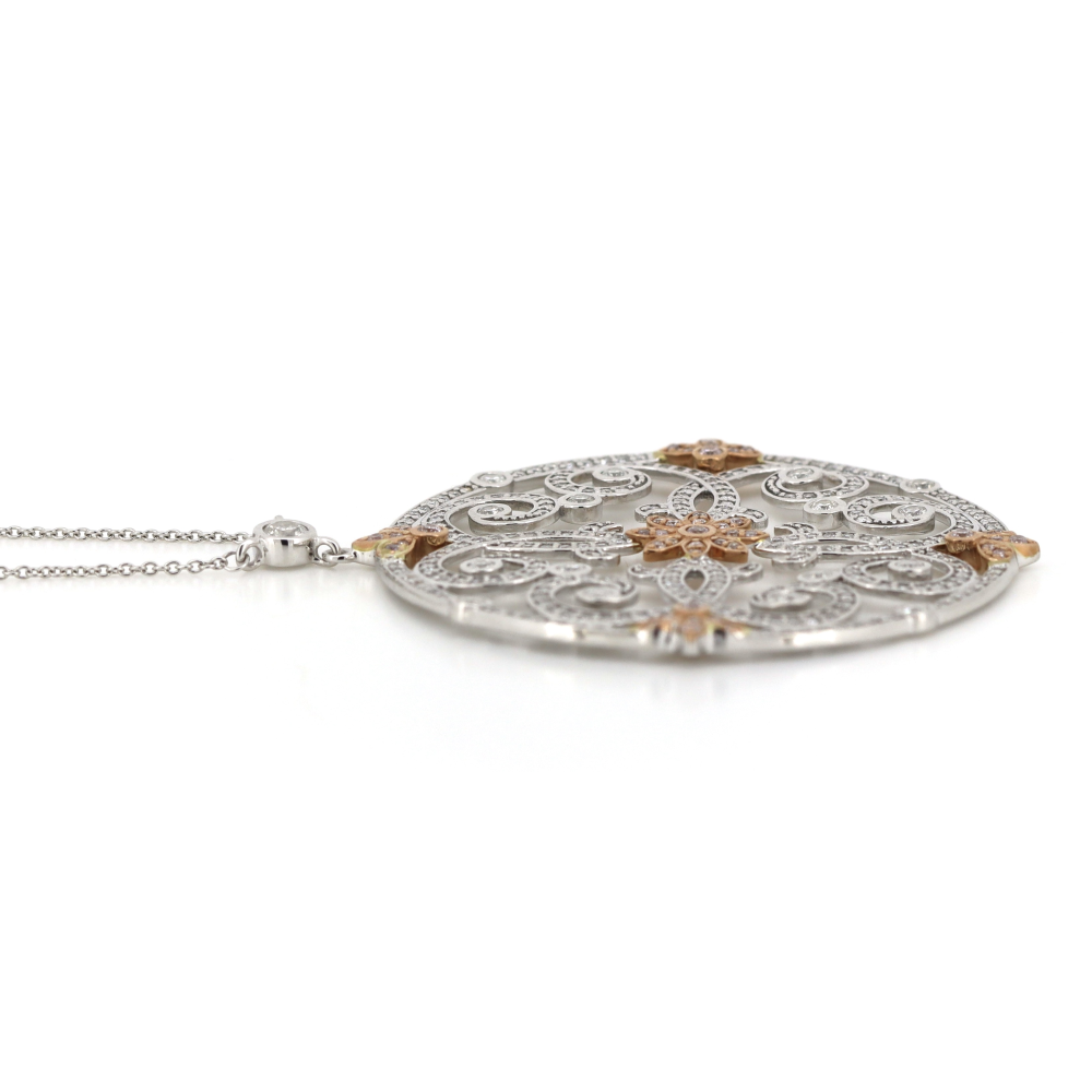 White & Rose Gold Pink and White Diamond Filigree Pendant