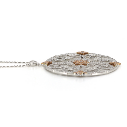 White & Rose Gold Pink and White Diamond Filigree Pendant
