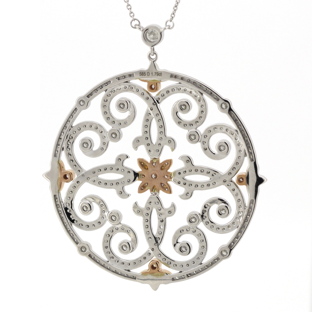 White & Rose Gold Pink and White Diamond Filigree Pendant