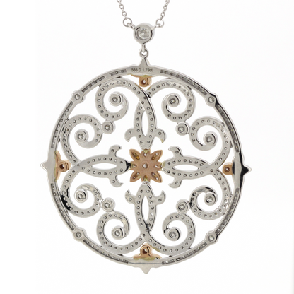 White & Rose Gold Pink and White Diamond Filigree Pendant