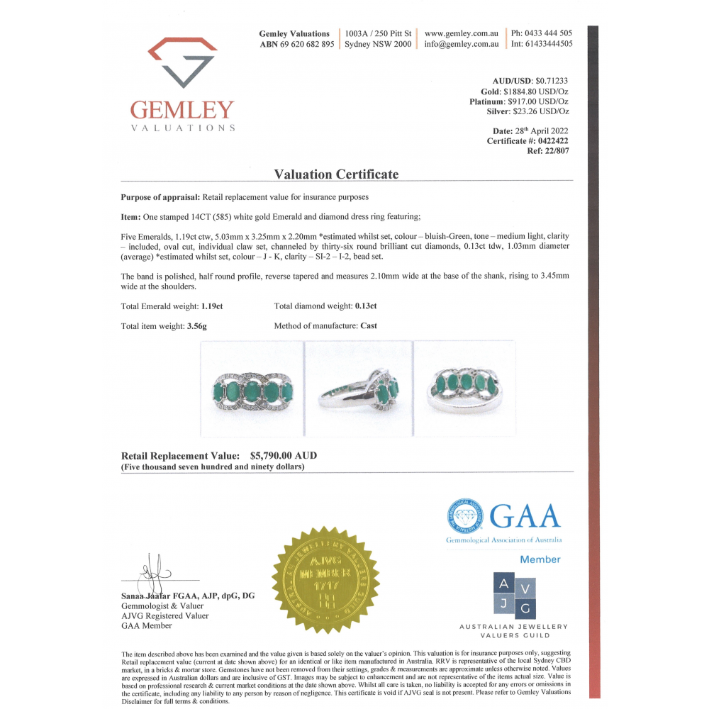 White Gold Oval cut Emerald and Diamond Eternity Ring