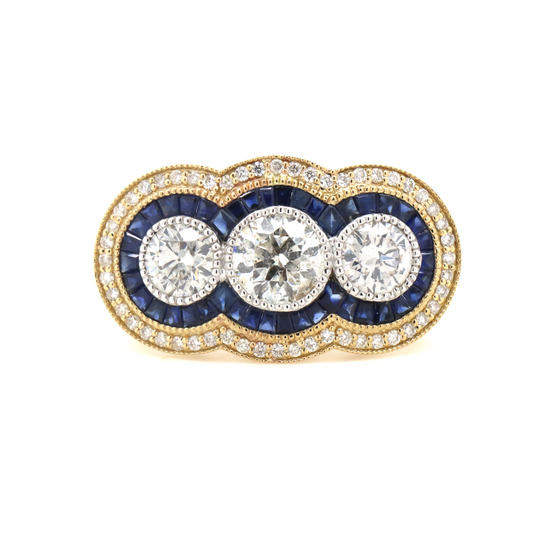 2.03ct White and Yellow Gold Diamond and Sapphire Trilogy Ring