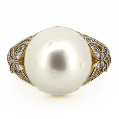 Yellow Gold White Cultured South Sea Pearl and Diamond Cocktail Ring