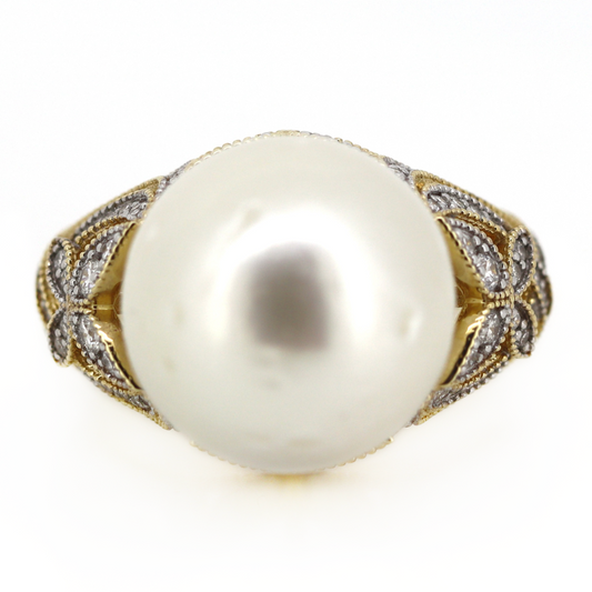 Yellow Gold White Cultured South Sea Pearl and Diamond Cocktail Ring