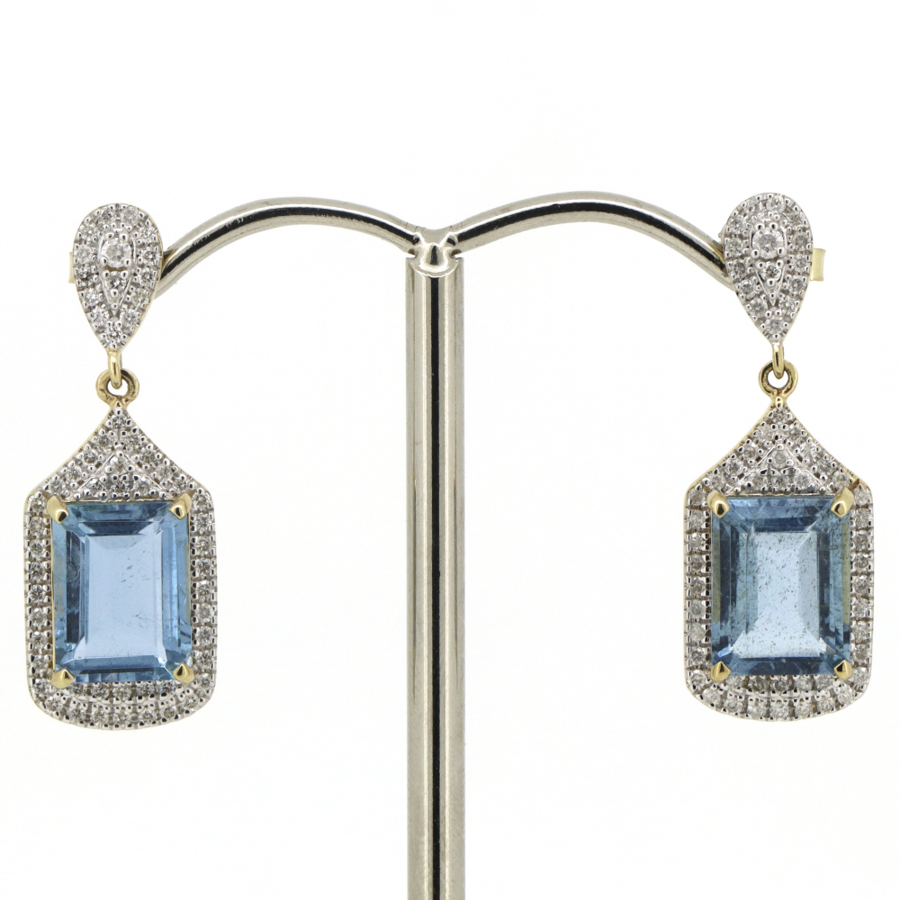 Yellow Gold Aquamarine and Diamond Drop Earrings