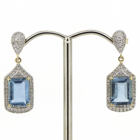 Yellow Gold Aquamarine and Diamond Drop Earrings