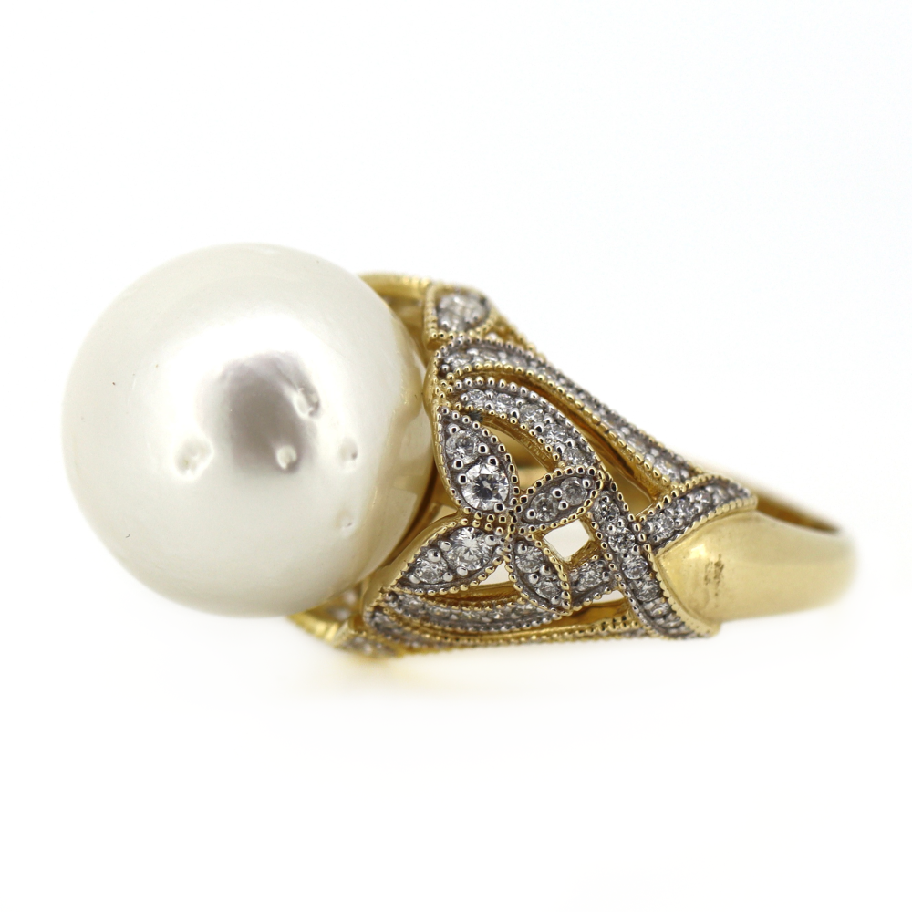 Yellow Gold White Cultured South Sea Pearl and Diamond Cocktail Ring