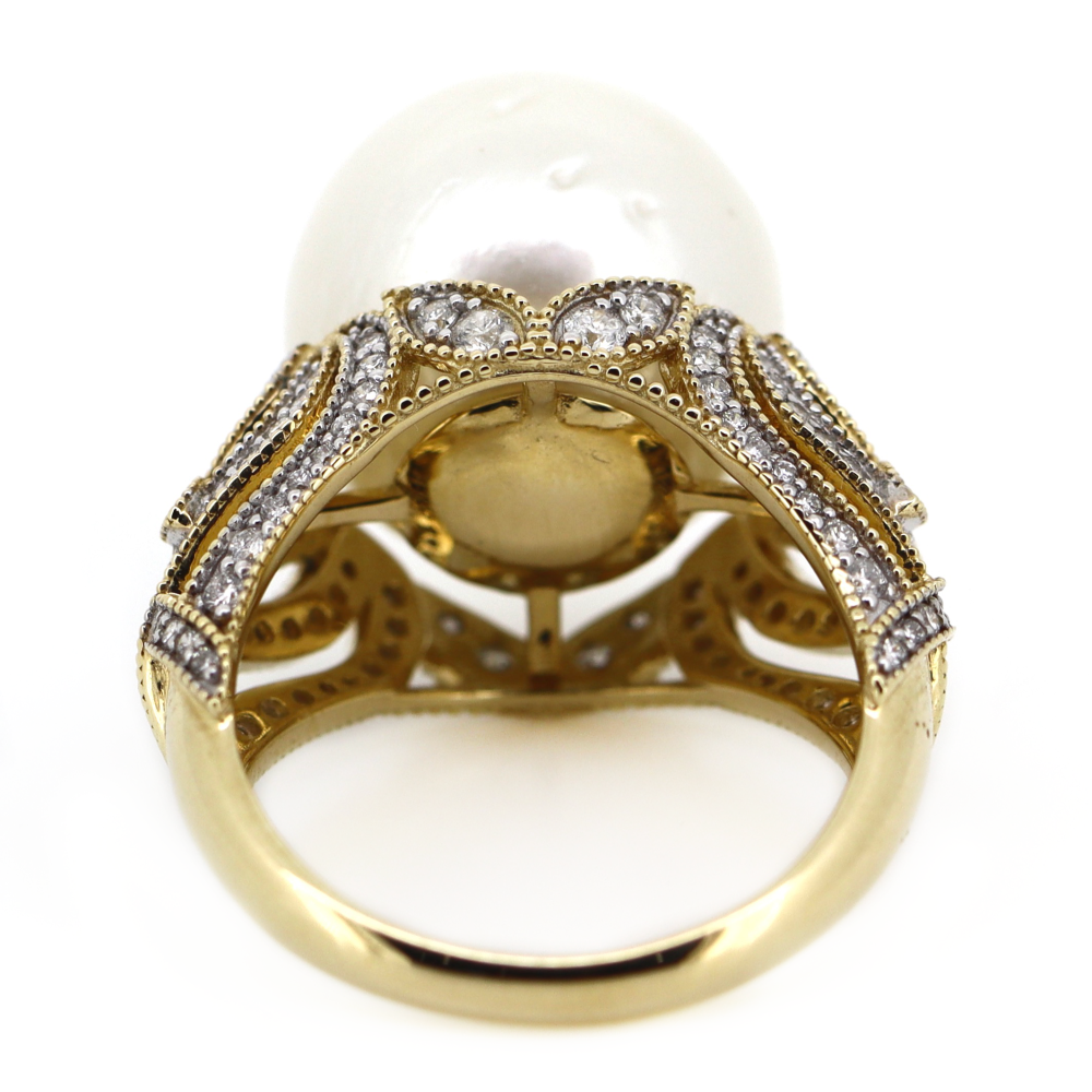 Yellow Gold White Cultured South Sea Pearl and Diamond Cocktail Ring