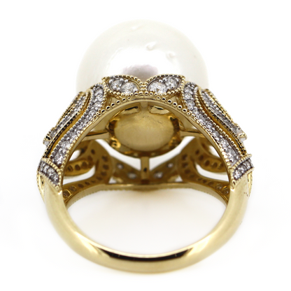 Yellow Gold White Cultured South Sea Pearl and Diamond Cocktail Ring