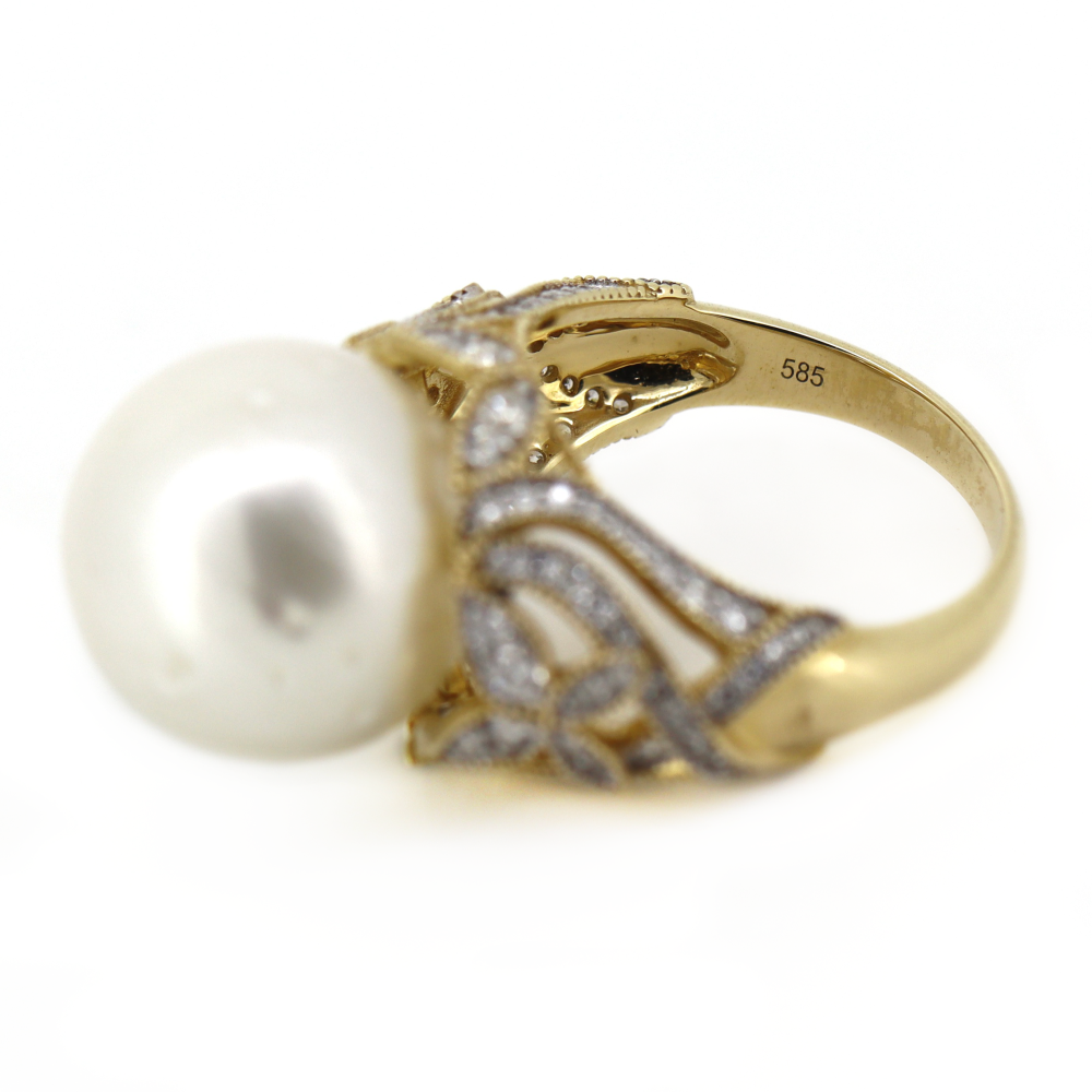 Yellow Gold White Cultured South Sea Pearl and Diamond Cocktail Ring