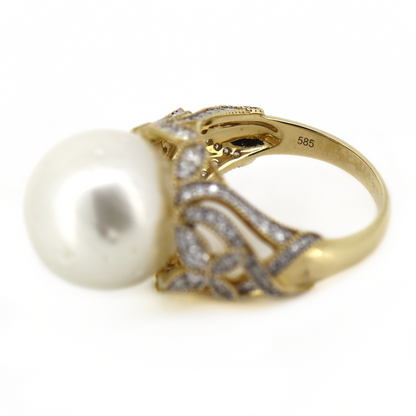 Yellow Gold White Cultured South Sea Pearl and Diamond Cocktail Ring