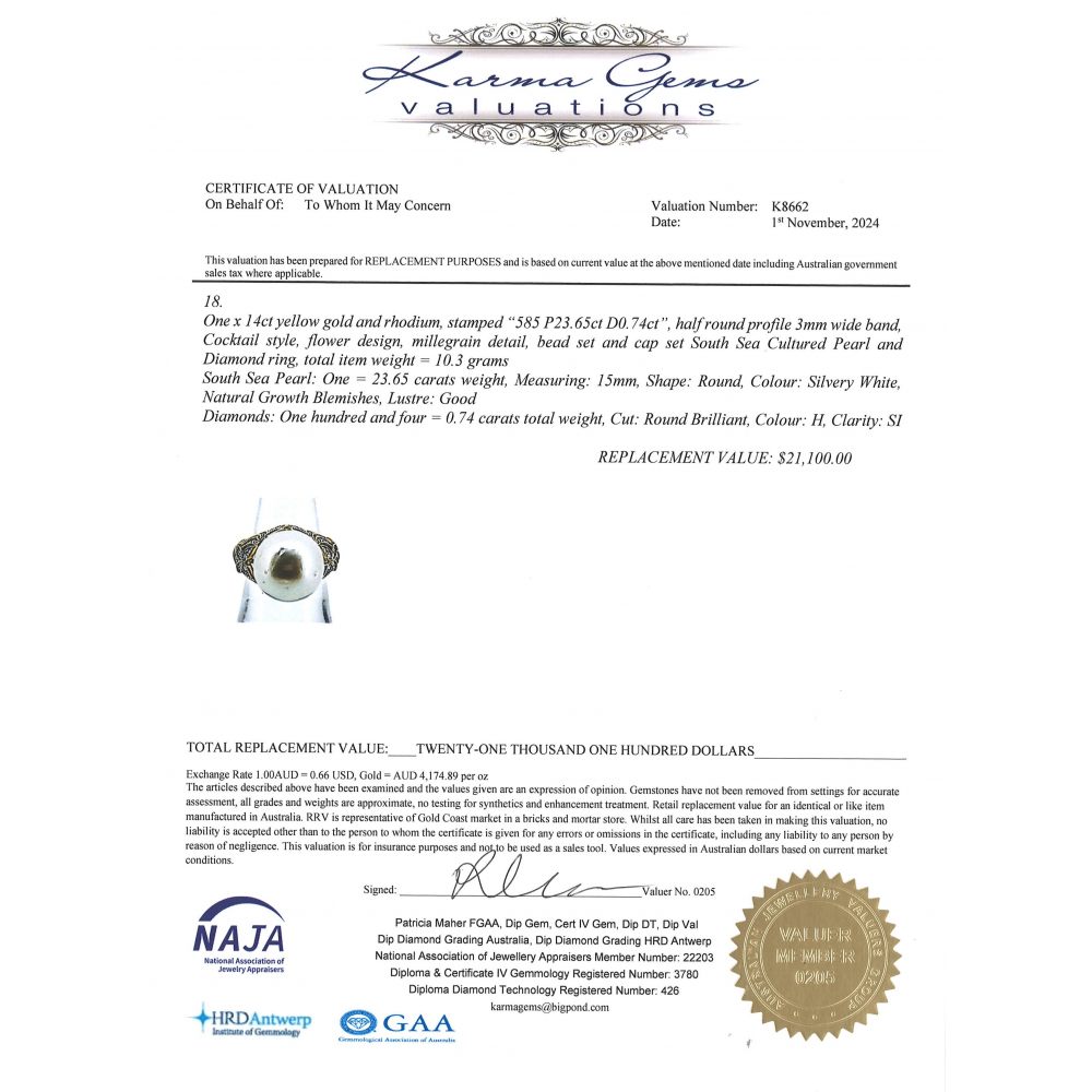 Yellow Gold White Cultured South Sea Pearl and Diamond Cocktail Ring