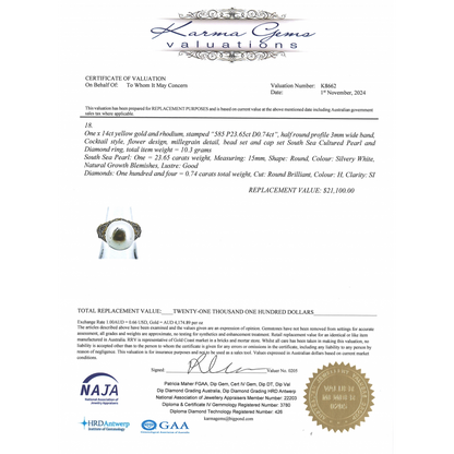 Yellow Gold White Cultured South Sea Pearl and Diamond Cocktail Ring