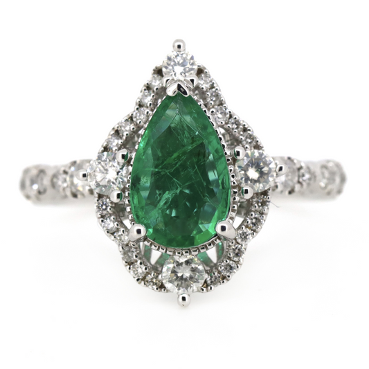 White Gold Pear cut Emerald and Diamond Halo Antique Style Ring
