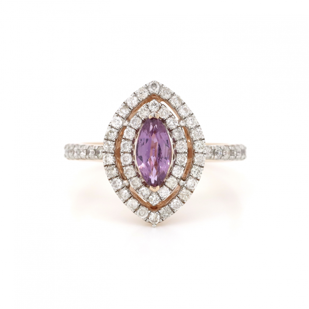 Rose Gold Pink Sapphire and Diamond Marquise Double Halo Ring