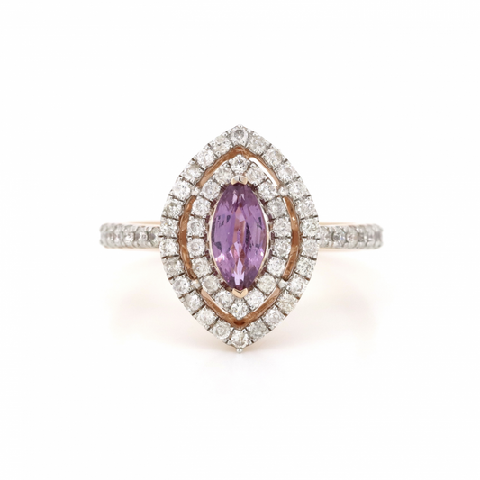 Rose Gold Pink Sapphire and Diamond Marquise Double Halo Ring