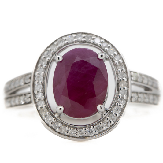 White Gold Ruby and Diamond Vintage Inspired Halo Ring