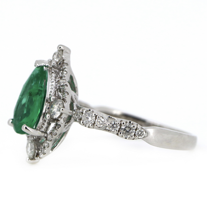 White Gold Pear cut Emerald and Diamond Halo Antique Style Ring