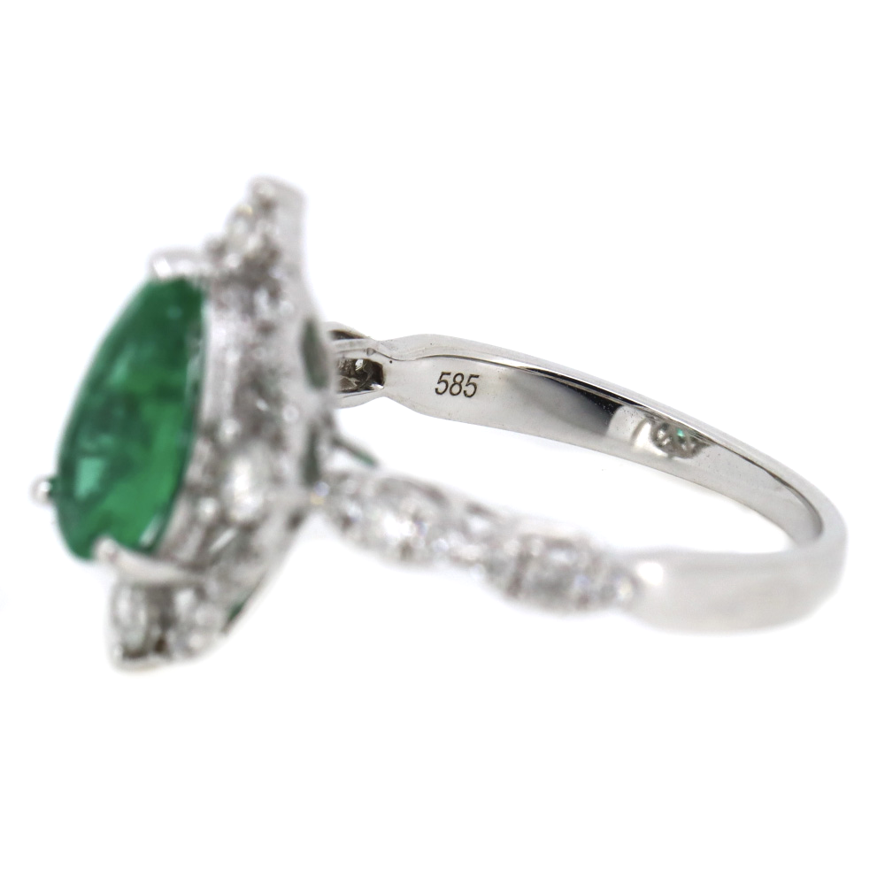 White Gold Pear cut Emerald and Diamond Halo Antique Style Ring