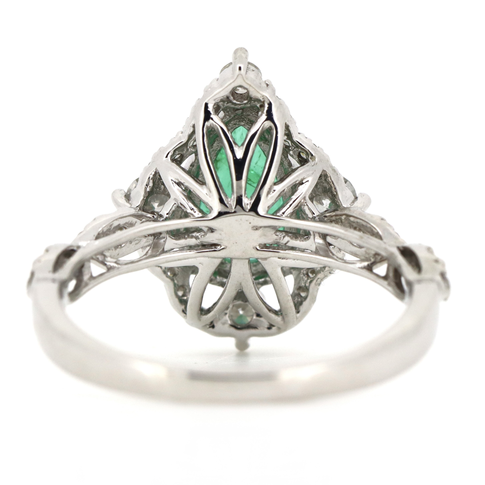 White Gold Pear cut Emerald and Diamond Halo Antique Style Ring