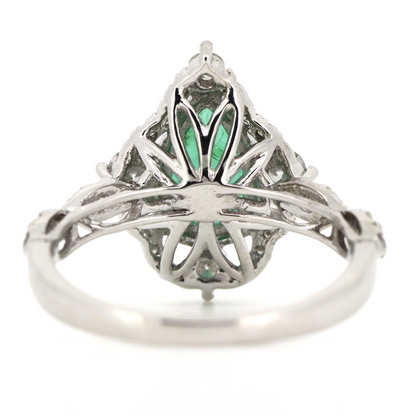 White Gold Pear cut Emerald and Diamond Halo Antique Style Ring