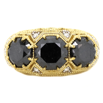 6.94ct TDW Yellow Gold Black Diamond and Diamond Trilogy Ring