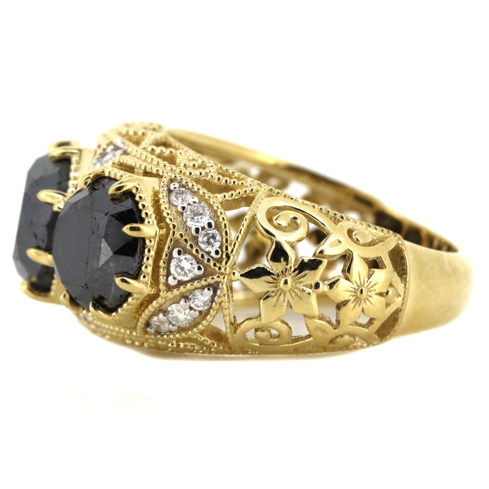 6.94ct TDW Yellow Gold Black Diamond and Diamond Trilogy Ring