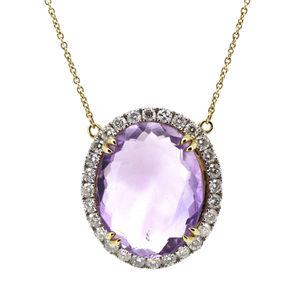 9.99ct 10K Yellow Gold Amethyst and Diamond Halo Pendant Necklace