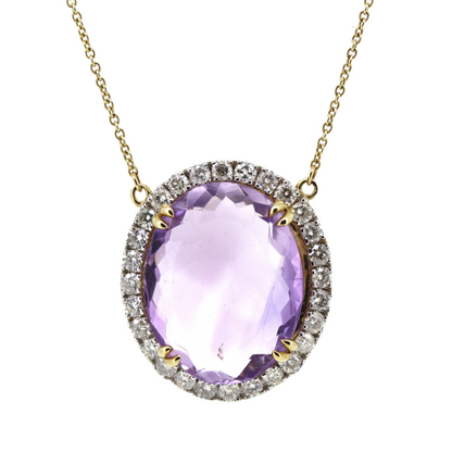 9.99ct 10K Yellow Gold Amethyst and Diamond Halo Pendant Necklace