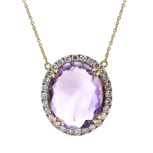 9.99ct 10K Yellow Gold Amethyst and Diamond Halo Pendant Necklace
