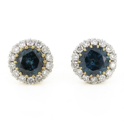 Yellow Gold/Rhodium Vivid Blue Diamond Halo Stud Earrings
