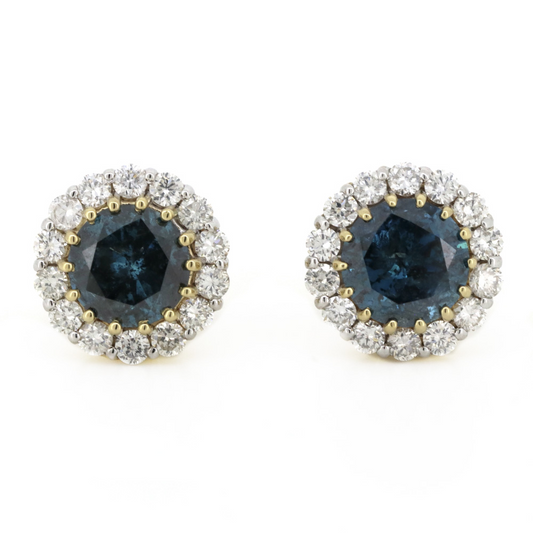 Yellow Gold/Rhodium Vivid Blue Diamond Halo Stud Earrings