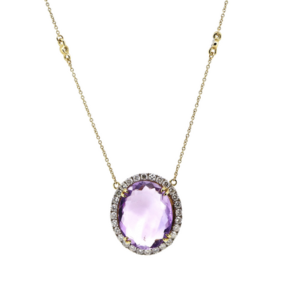 9.99ct 10K Yellow Gold Amethyst and Diamond Halo Pendant Necklace