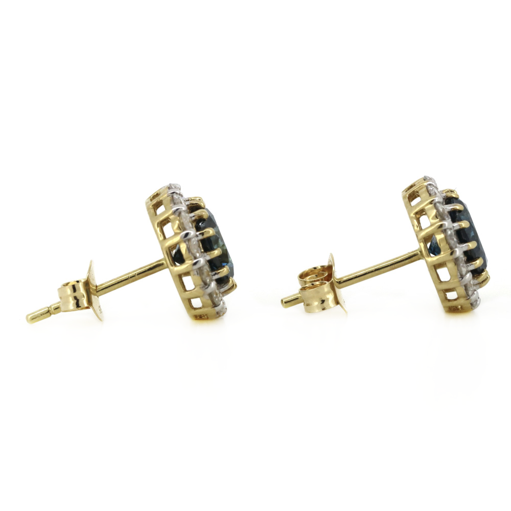 Yellow Gold/Rhodium Vivid Blue Diamond Halo Stud Earrings