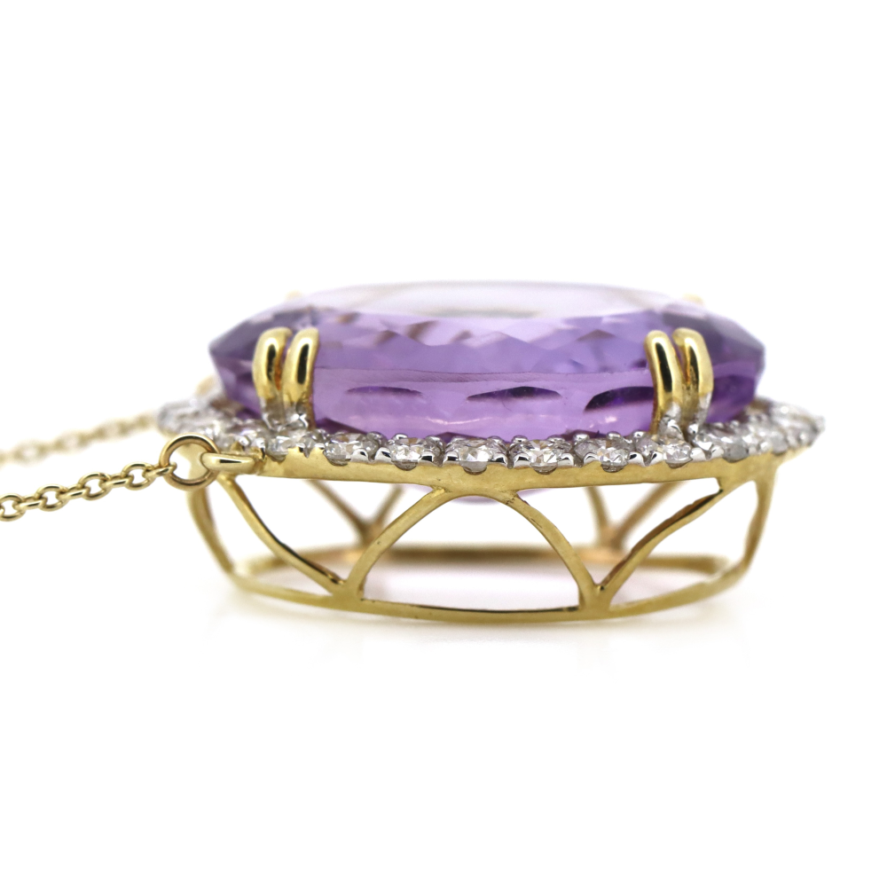 9.99ct 10K Yellow Gold Amethyst and Diamond Halo Pendant Necklace
